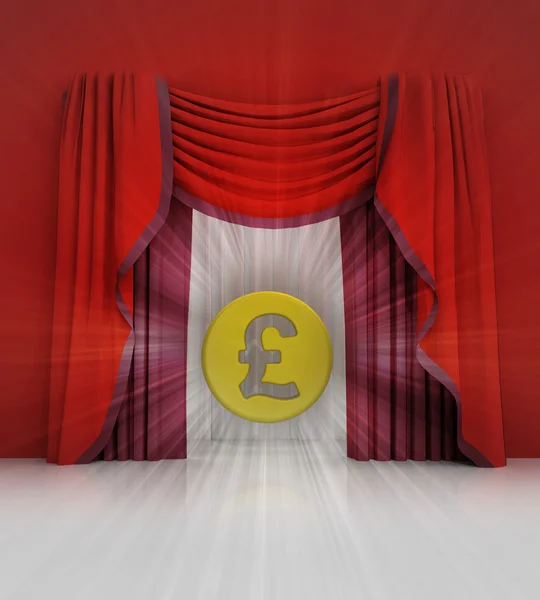 Red curtain scene with british pound coin and flare — Stock Photo, Image