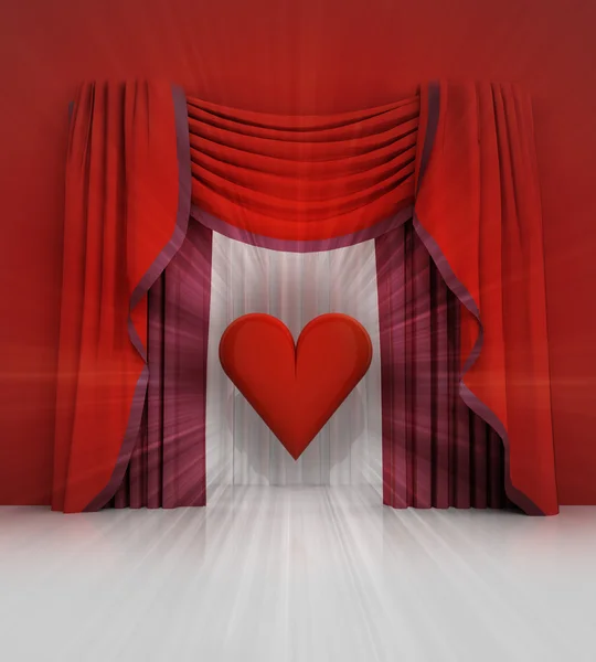 Roter Vorhang Szene mit rotem Herz und Fackel — Stockfoto