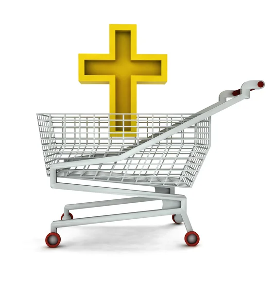 Bought golden cross in shopping cart isolated — Stock Photo, Image