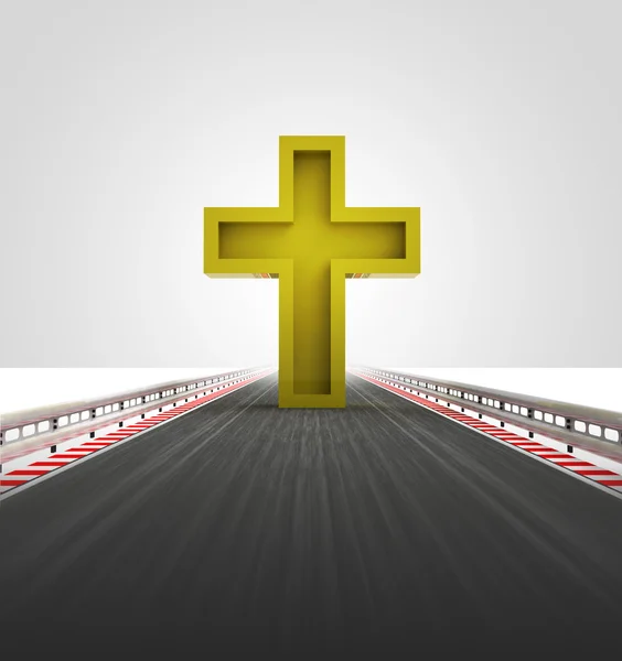 Golden cross on motorway track leading to church — Stock Photo, Image