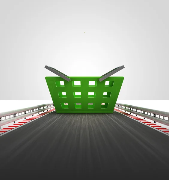 Shopping basket on motorway track leading to supermarket — Stock Photo, Image