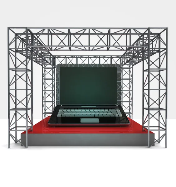 Laptop exhibition under steel framework construction — Stock Photo, Image