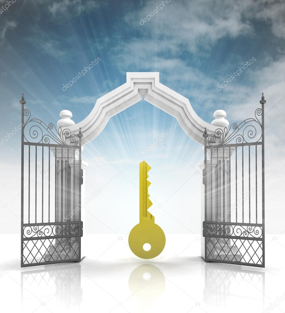 open baroque gate with golden key and sky