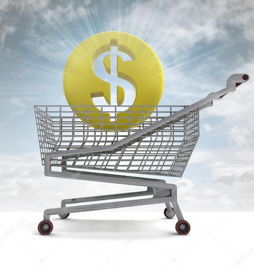american dollar coin in shoping cart with sky flare