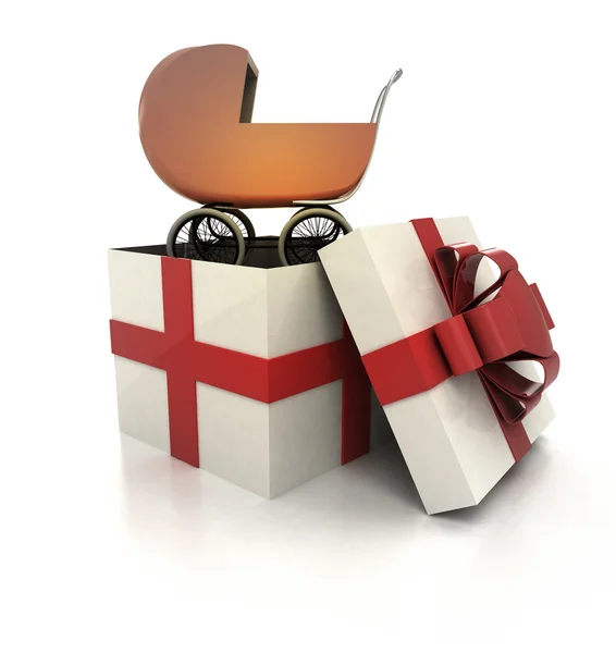 Mysterious magic gift with baby red carriage inside render — Stock Photo, Image