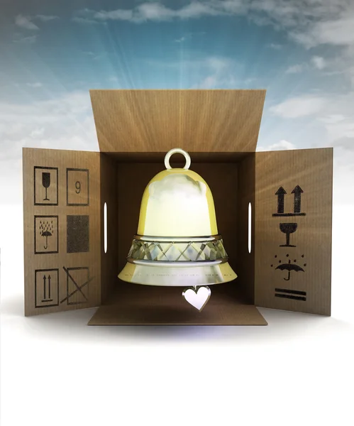 Golden holiday bell product delivery with sky flare — Stock Photo, Image