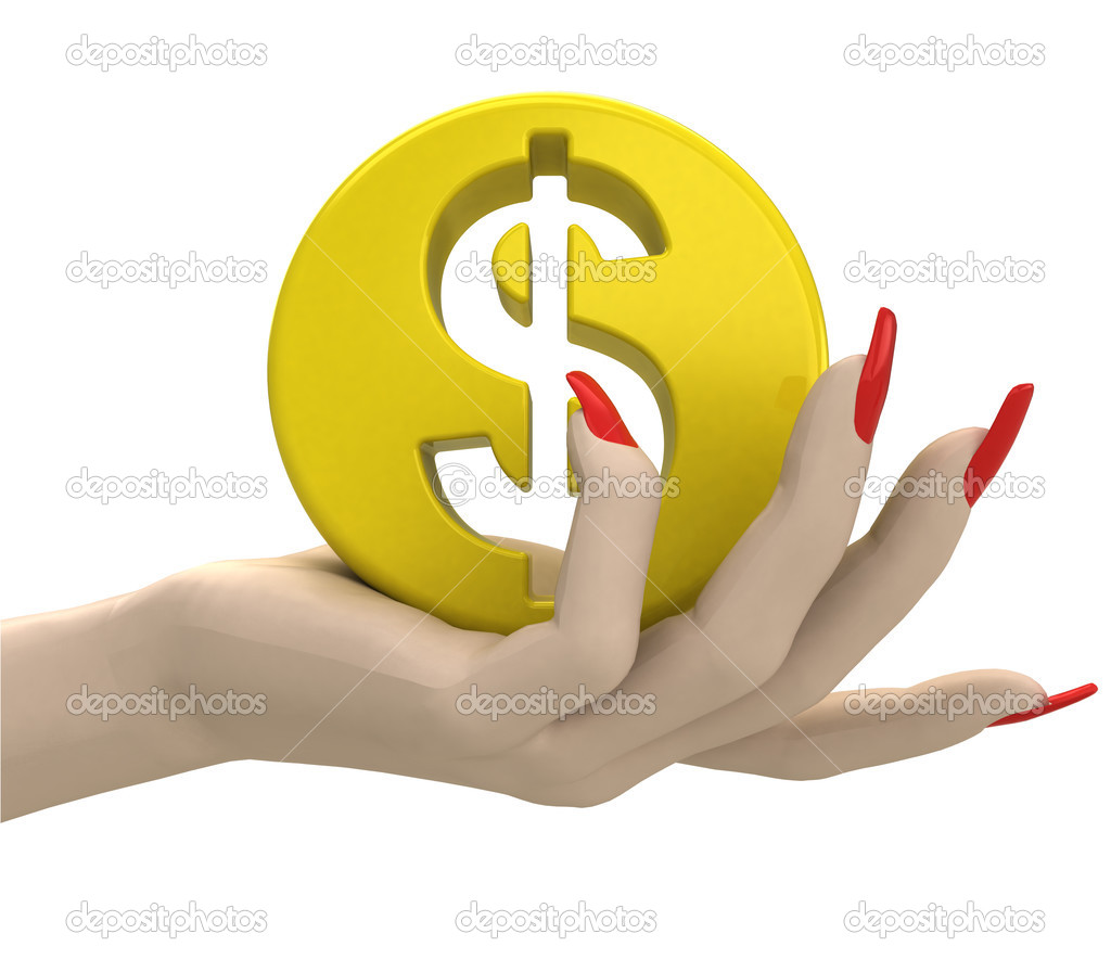isolated gold dollar coin in women hand render