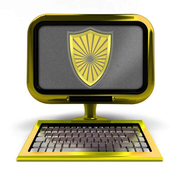 Golden metallic computer with antiviral shield on screen concept isolated — Stock Photo, Image