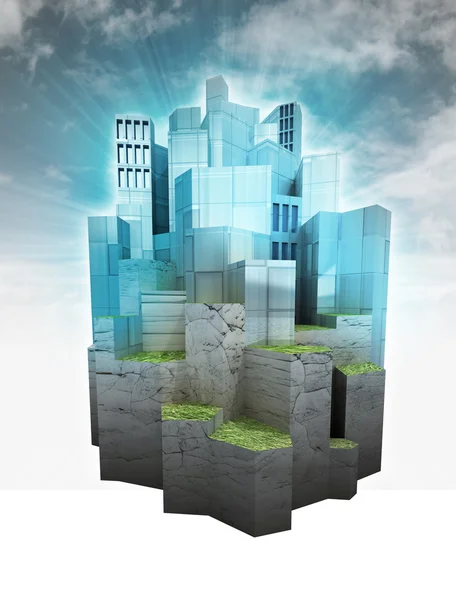 Beautiful modern city island with sky flare render — Stock Photo, Image