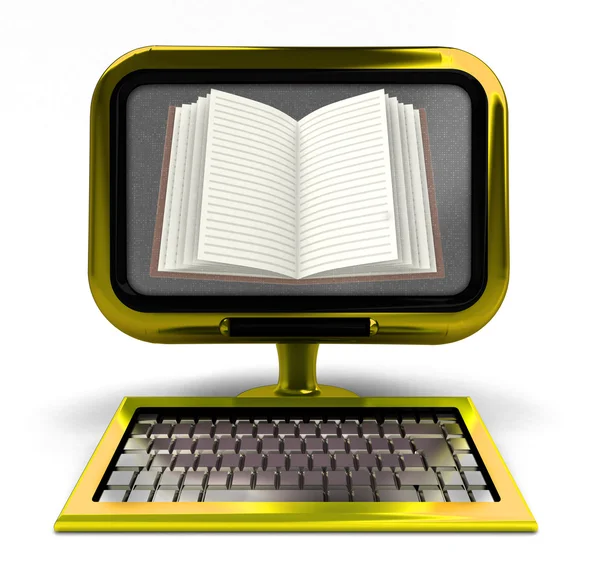 Złoty komputer z otwartą książkę na ekranie koncepcja na białym tle — Zdjęcie stockowe