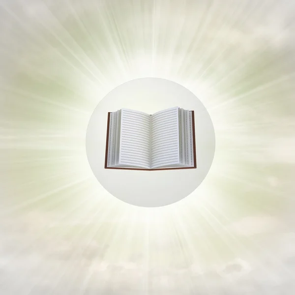 Ανοίξτε το βιβλίο σε γυαλιστερό φούσκα στον αέρα με φωτοβολίδα — Φωτογραφία Αρχείου