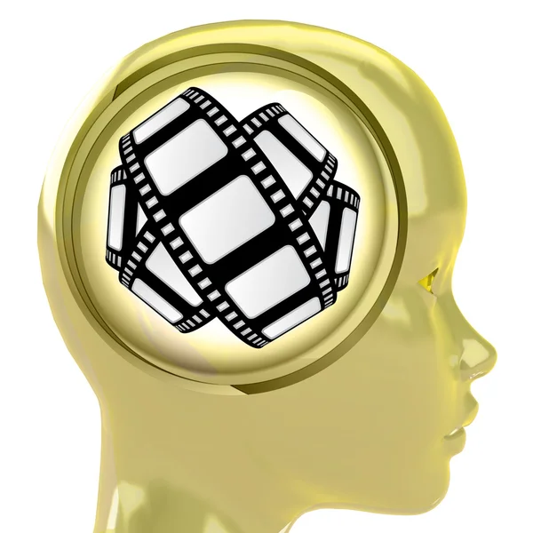 Yellow human head with brain cloud with movie tape inside — Stock Photo, Image