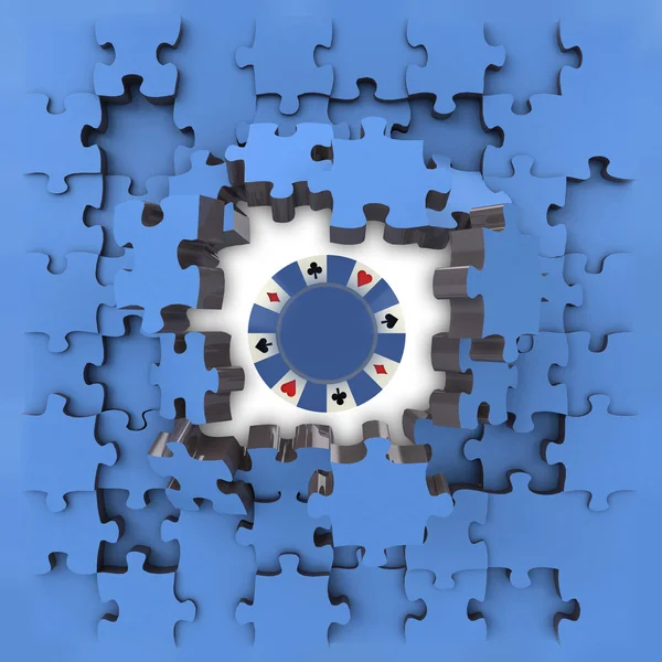 Blauwe puzzel puzzel met poker chip openbaring — Stockfoto