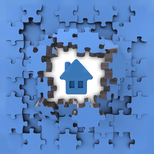 Puzzle puzzle blu con rivelazione icona della casa — Foto Stock