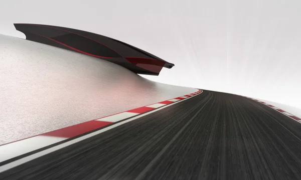 Pista de carreras de velocidad que conduce bajo papel pintado edificio futurista — Foto de Stock