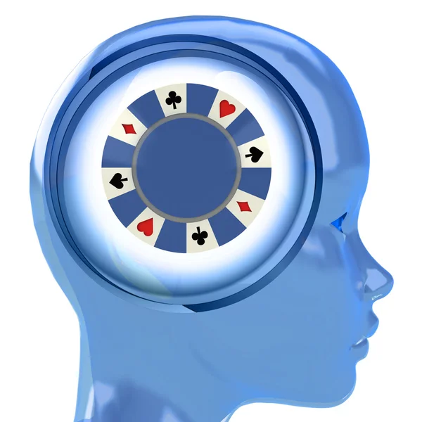 Modré lidská hlava s cloud mozku s poker chip uvnitř — Stock fotografie