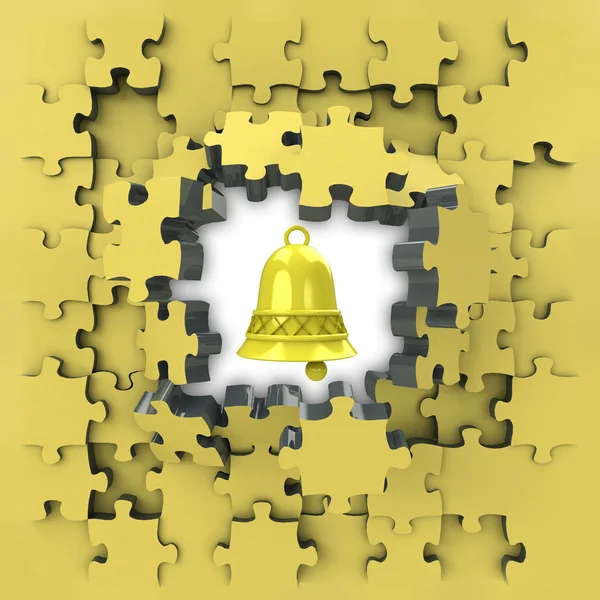 Yellow puzzle jigsaw with golden bell revelation — Stock Photo, Image