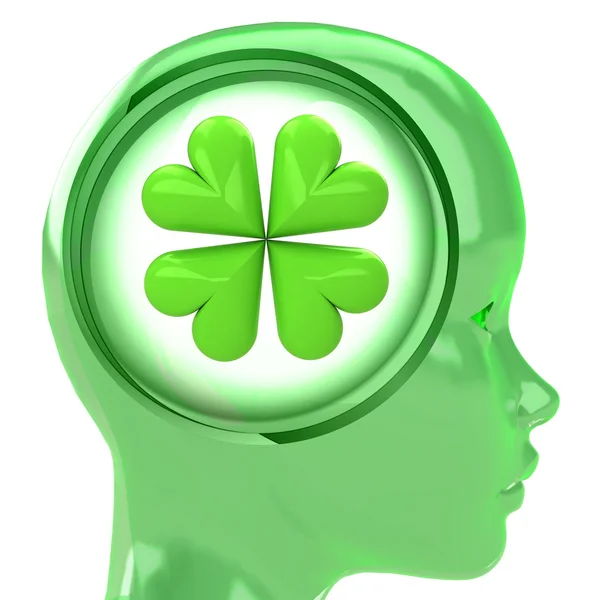 Зеленая человеческая голова с мозговым облаком с клеверлистом удачи внутри — стоковое фото
