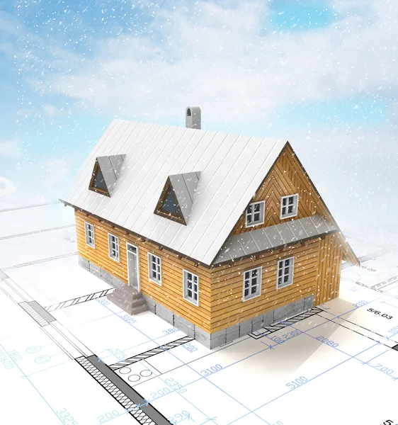 Classical mountain cottage with layout plan at winter snowfall — Stock Photo, Image