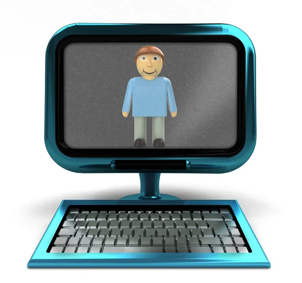 Blauwe computer met gelukkig man op scherm concept geïsoleerd — Stockfoto