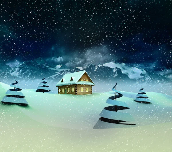 Paisaje de montaña con cabaña en invierno nevadas — Foto de Stock