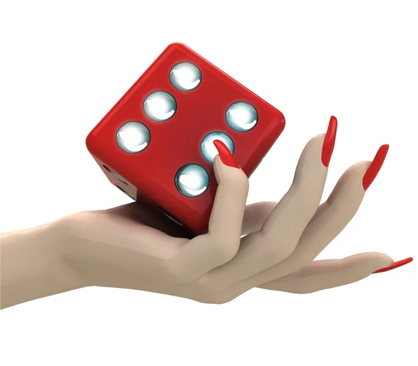 Vereinzelte rote Glückswürfel in Frauenhand — Stockfoto