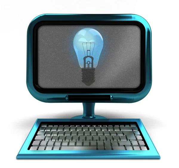 Modré kovové počítač s lesklou žárovkou na obrazovce izolované — Stock fotografie