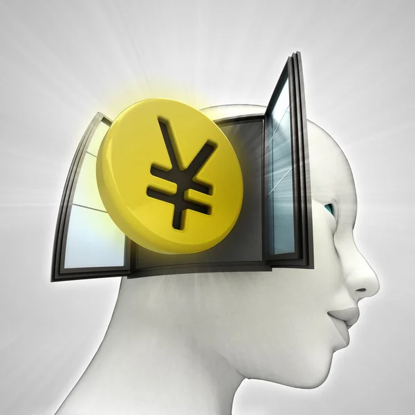 Yen coin investment coming out or in human head through window concept — Stock Photo, Image