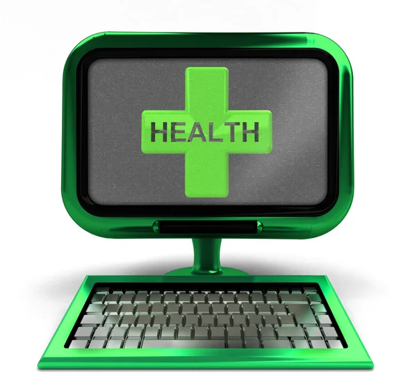 Green metallic computer with health cross on screen isolated — Stockfoto