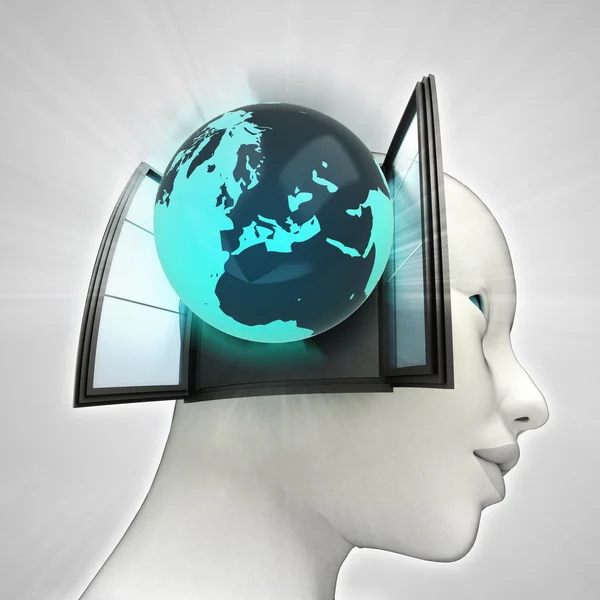 Europe globe coming out or in human head through window concept — Stock Photo, Image