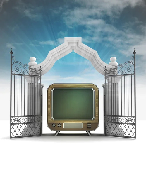 Televisi retro ilahi di gerbang surgawi dengan pijar langit — Stok Foto