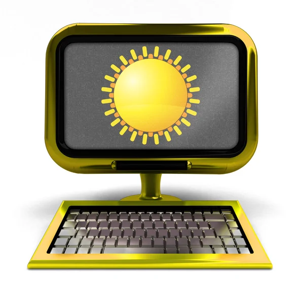 Ordenador metálico dorado con sol de verano en pantalla concepto aislado —  Fotos de Stock