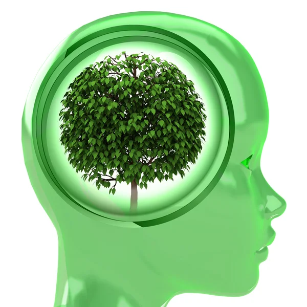 Cabeza humana verde con nube cerebral con árbol frondoso dentro —  Fotos de Stock