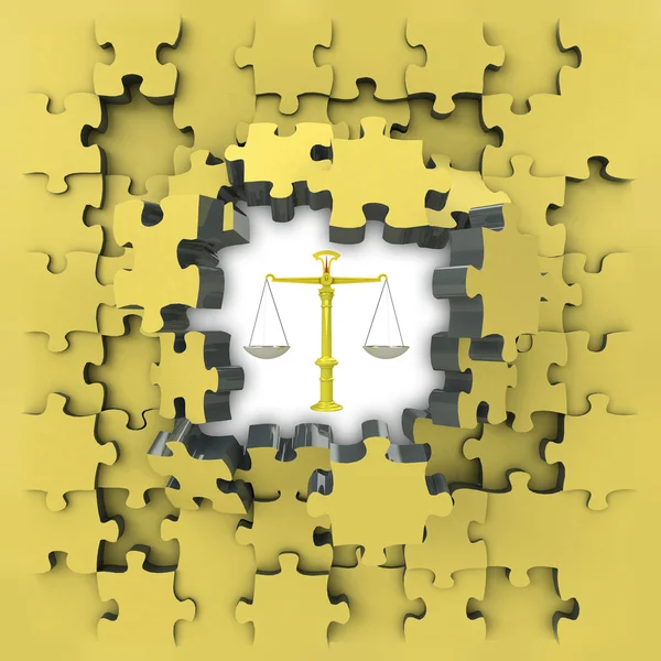 Yellow puzzle jigsaw with justice weight idea revelation — Stock Photo, Image