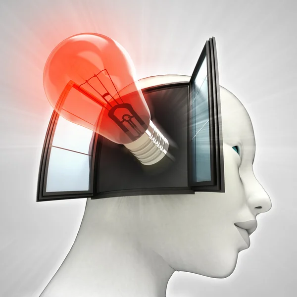 Invención bombilla brillante rojo que sale o en la cabeza humana a través del concepto de ventana —  Fotos de Stock