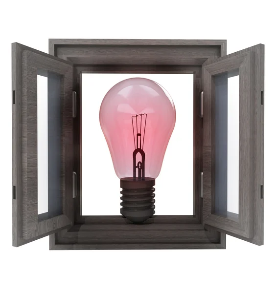 Isolated opened window with red bulb warning — Stock Photo, Image