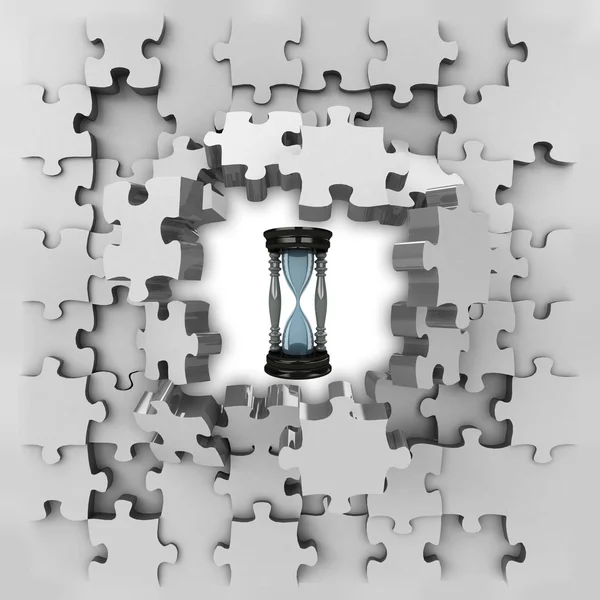 Grey puzzle jigsaw with sand glass time revelation — Stock Photo, Image