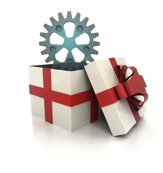 Mysterious magic gift with cogwheel spare part render — Stock Photo, Image