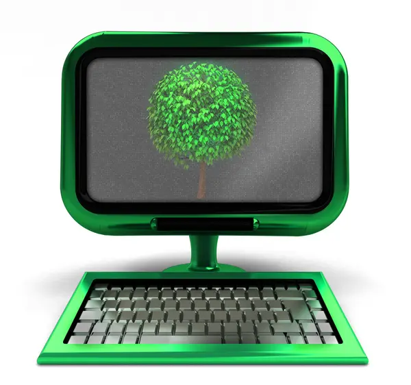 Ordenador metálico verde con árbol frondoso en pantalla concepto aislado — Foto de Stock