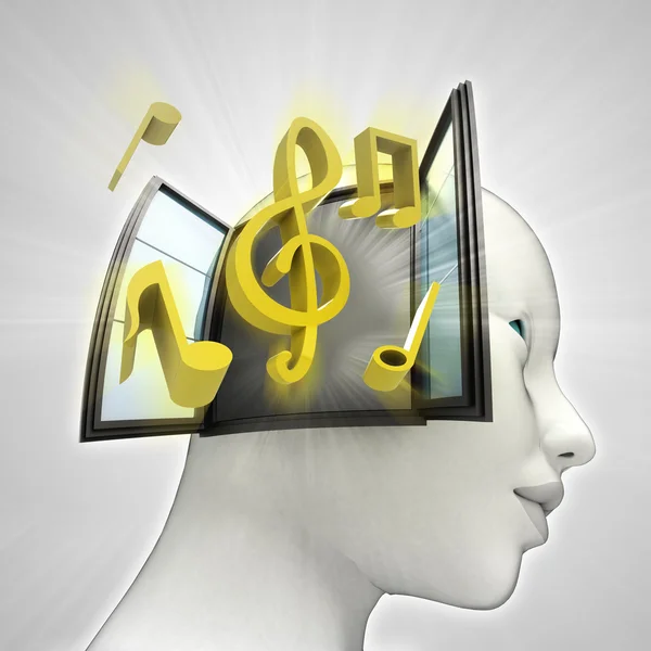 Music coming out or in human head through window concept — Stock Photo, Image