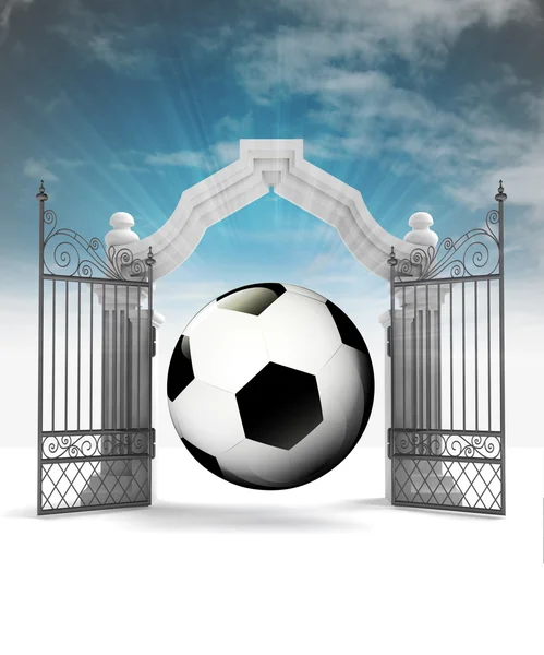 Divine football sport in heavenly gate with sky flare — Stock Photo, Image