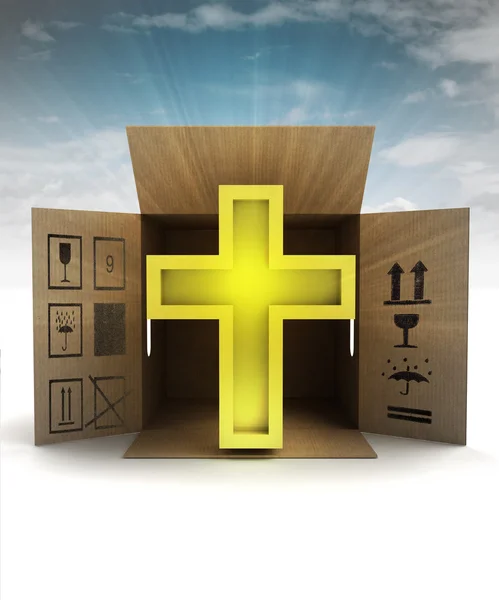 Consegna del prodotto croce religiosa dorata con brillamento cielo — Foto Stock
