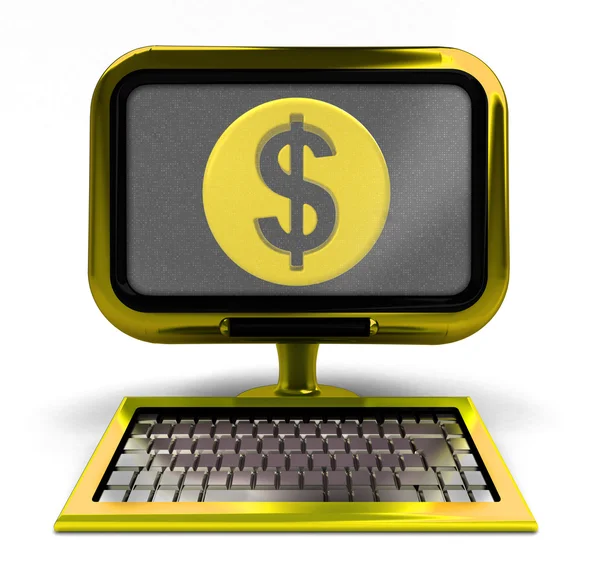 Gouden computer met dollar munt op scherm concept geïsoleerd — Stockfoto