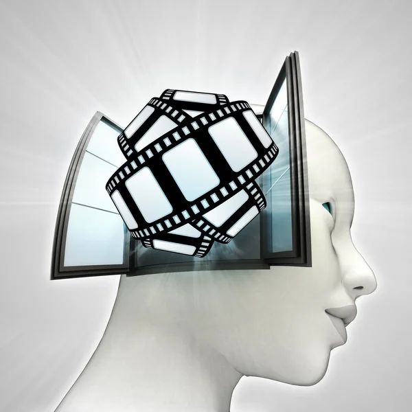 Movie tape fun coming out or in human head through window concept — Stock Photo, Image