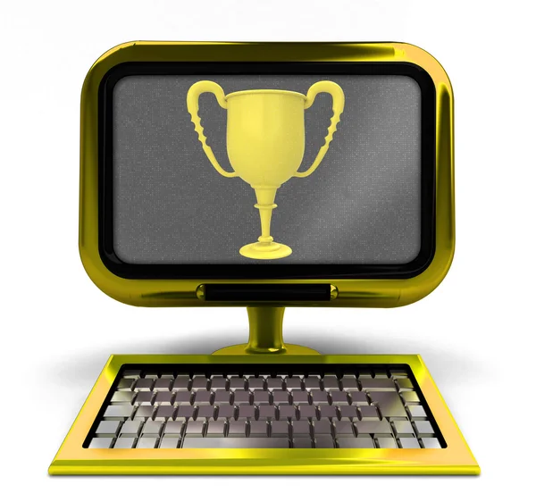 Golden metallic computer with champion cup on screen concept isolated — Stock Photo, Image