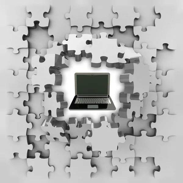 Grijze puzzel puzzel met laptop verbinding openbaring — Stockfoto