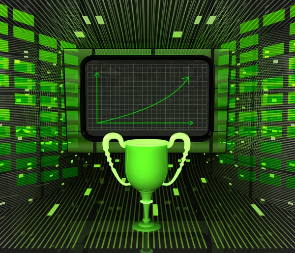 Previsão gráfico positivo de negócios ou resultados com copo para campeão — Fotografia de Stock
