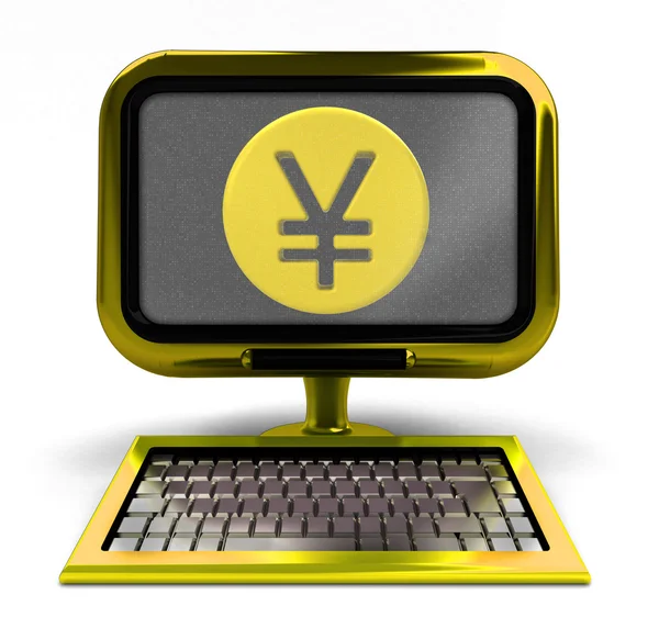Złoty komputer z yuan monety na ekranie koncepcja na białym tle — Zdjęcie stockowe