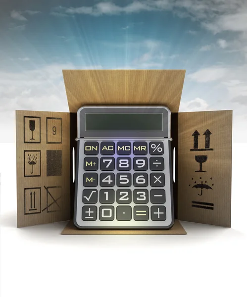Calculadora de negocio entrega de productos con destello cielo — Foto de Stock