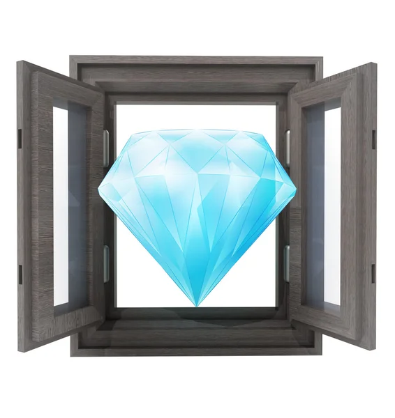 Isoliert geöffnetes Fenster mit riesigem Diamanten in der Mitte — Stockfoto